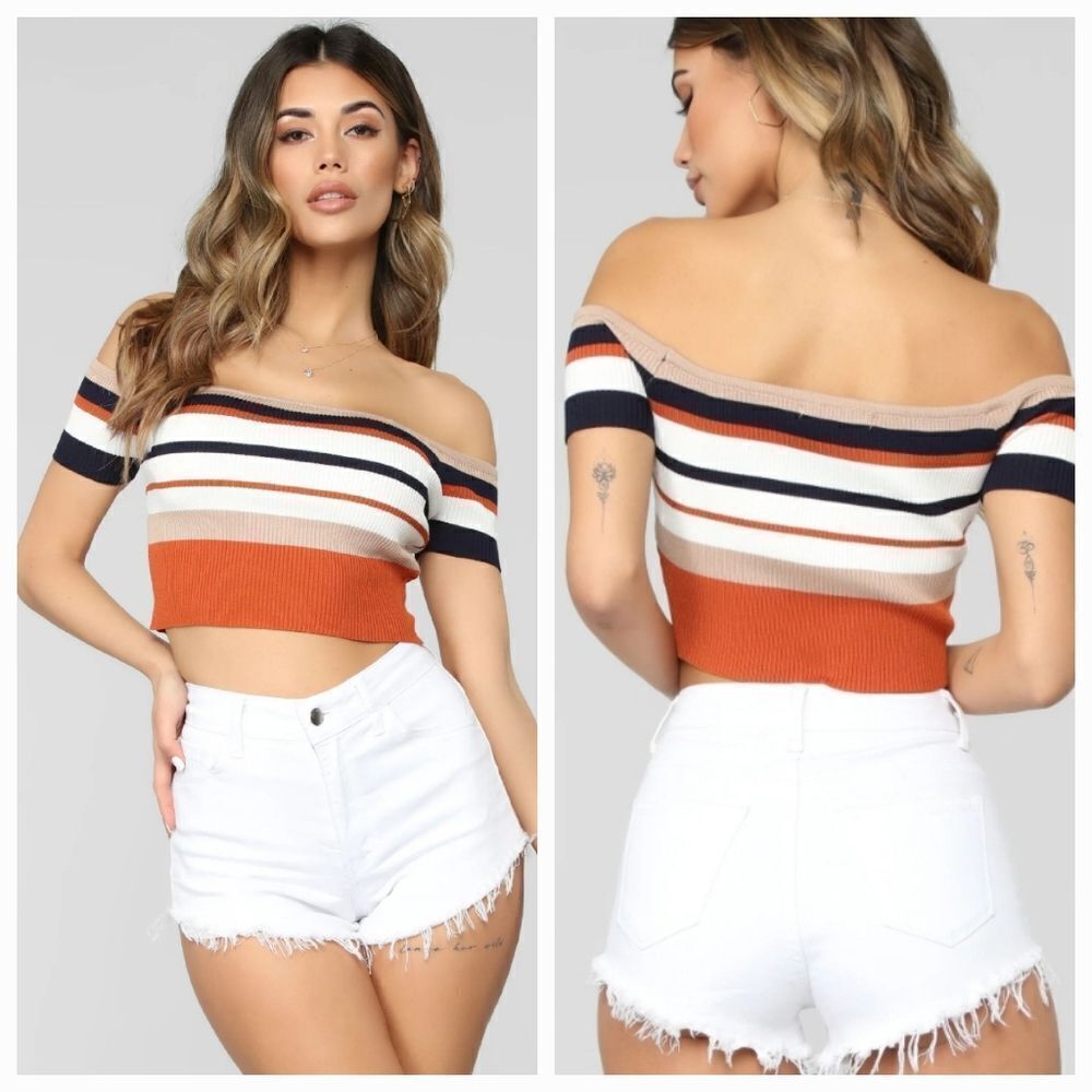 🔺️Haute Monde Striped Off Shoulder Ribbed Crop Top Small